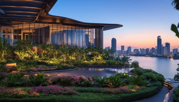 The image depicts the luxurious exterior of Banyan Tree Manila Bay, a modern architectural marvel nestled in the vibrant cityscape of Manila